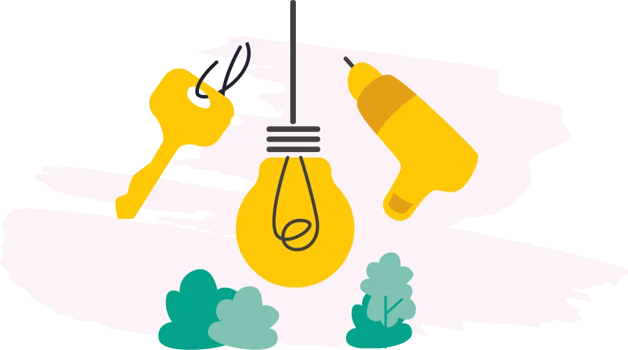 A lightbulb, key and a screwdriver 